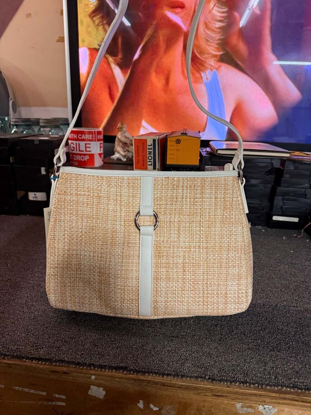 Marlo Natural Straw and White Shoulder Bag